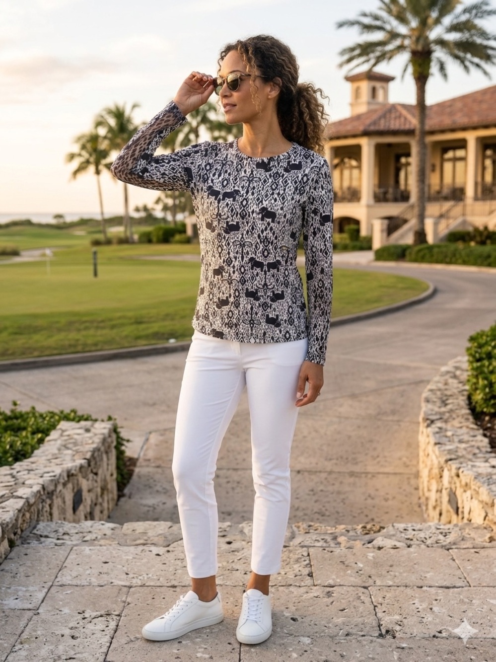 IBKÜL Long Sleeve Cooling Top Elephant Geo Print Size Medium